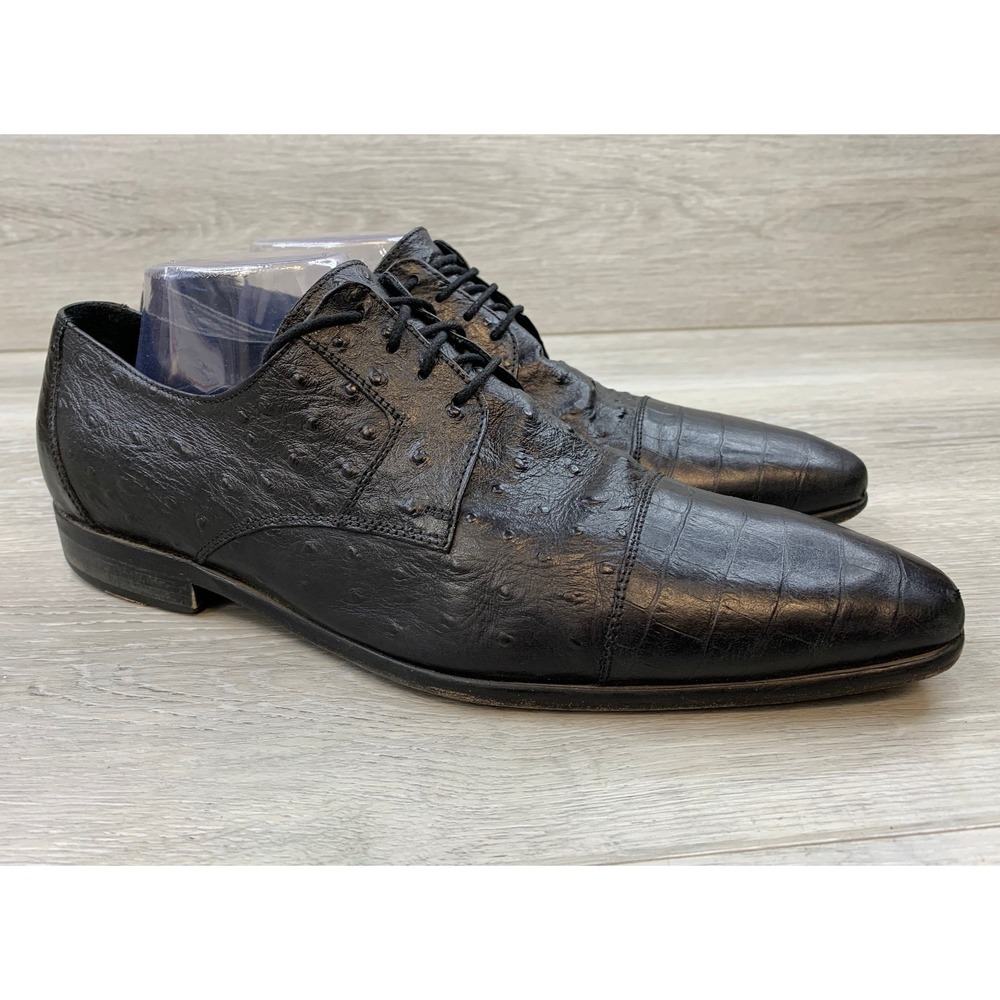 Paul Fredrick Men's Black Embossed Leather Dress Shoes 11 Ostrich Italian